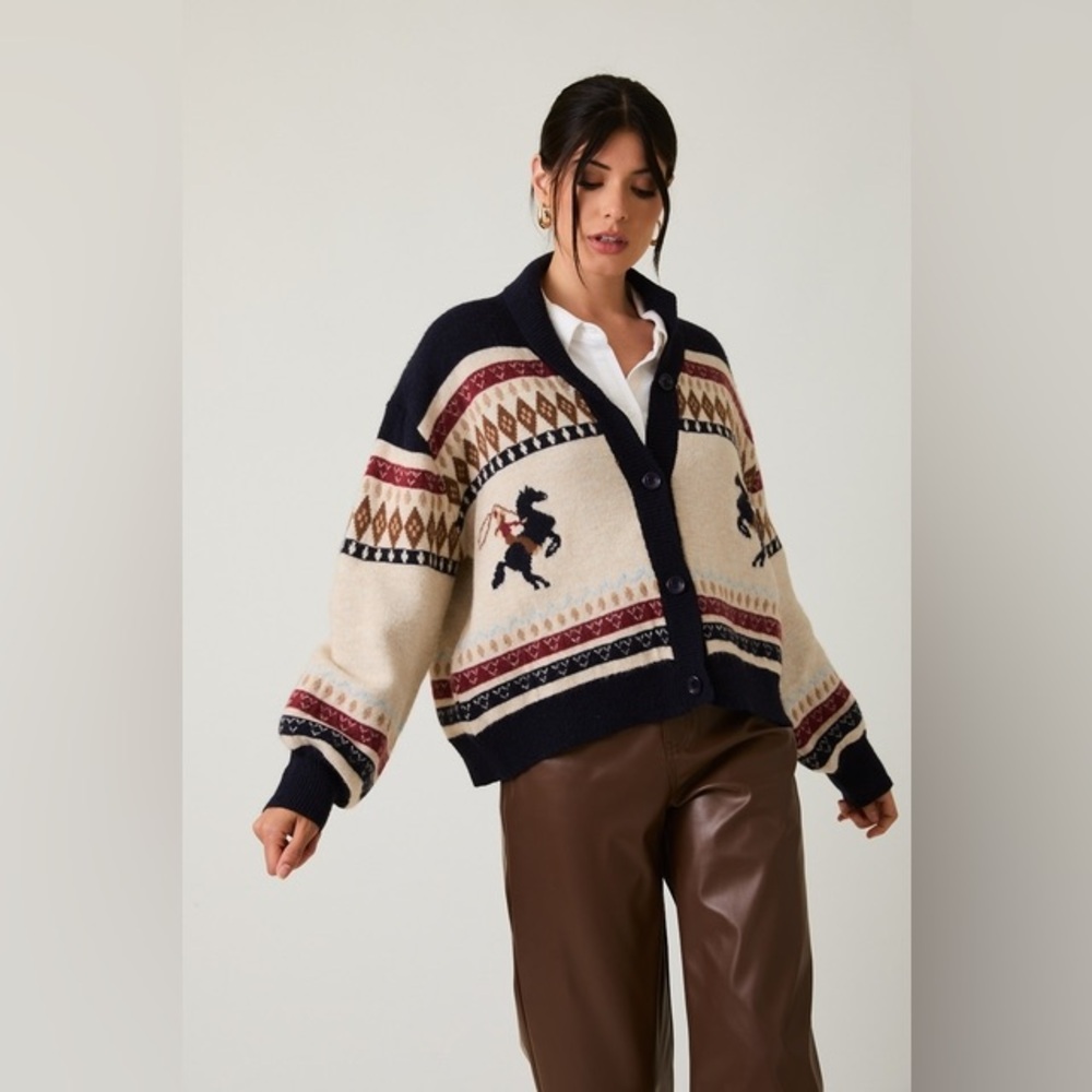 Western Horse & Cowgirl Fair Isle Cardigan Sweater - Sunday Edition - Picture 8 of 9